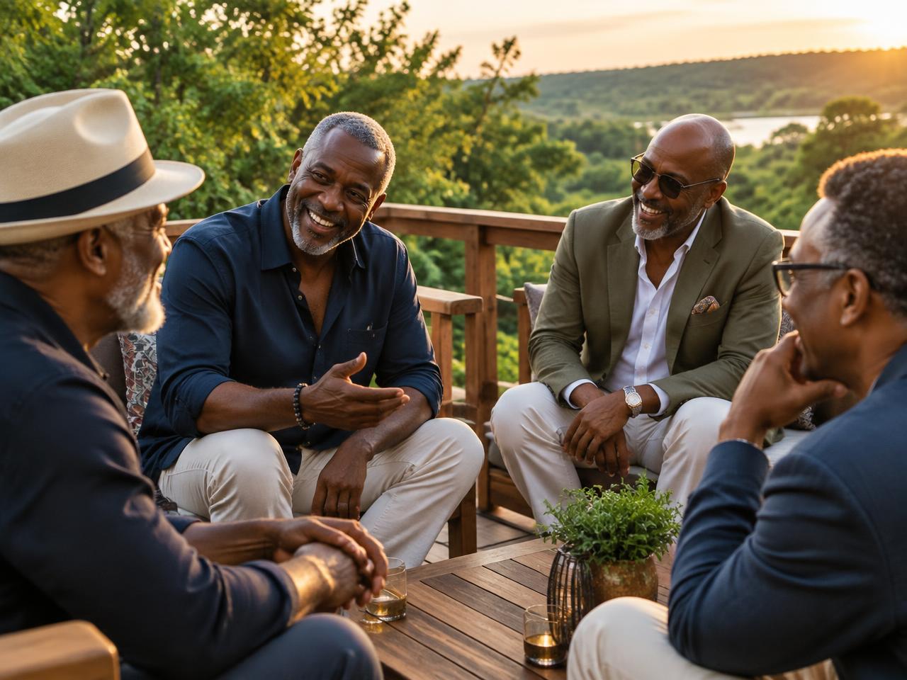 Men in warm conversation on a terrace at golden hour