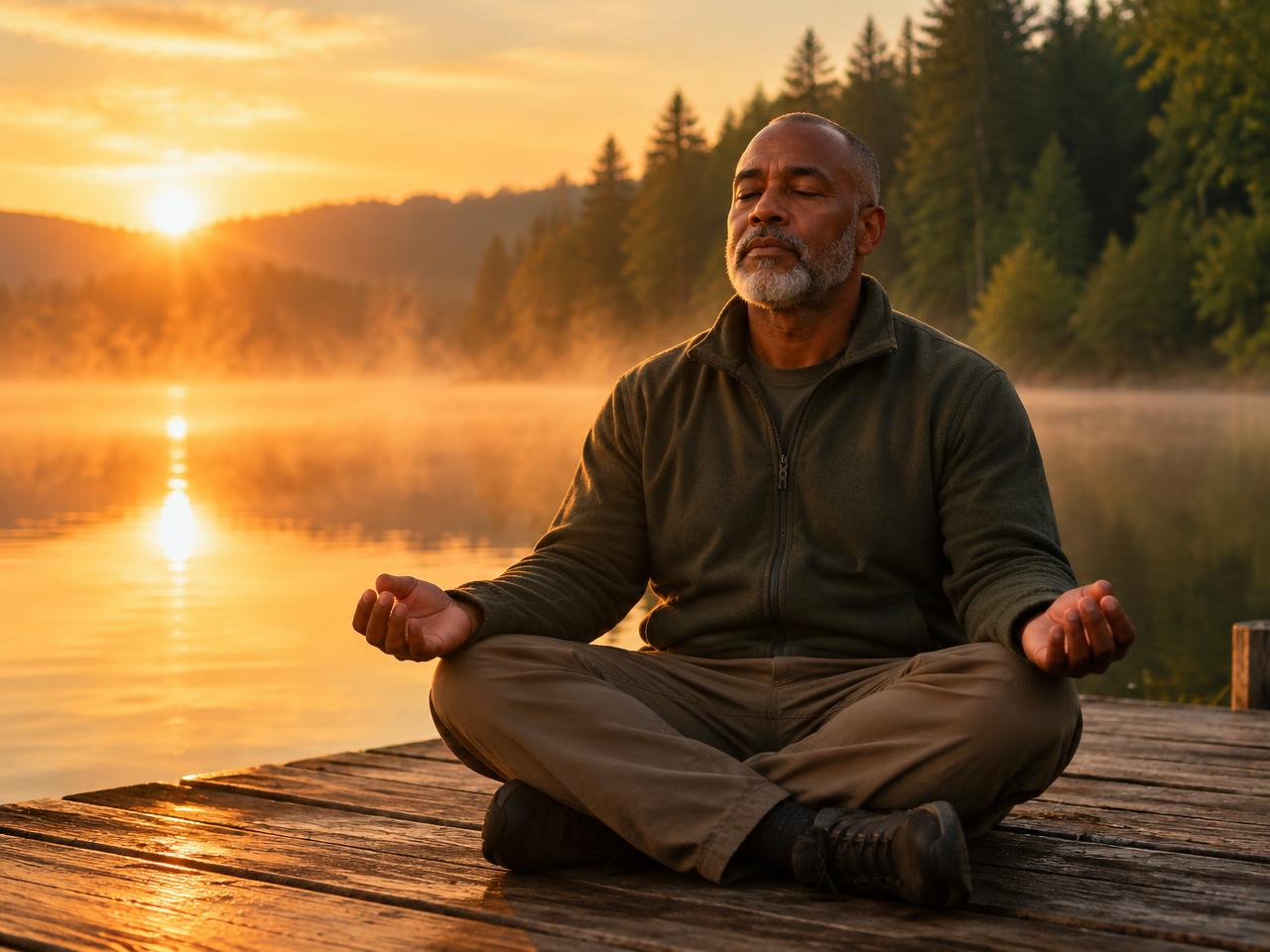 A man meditating at sunrise by a lake
