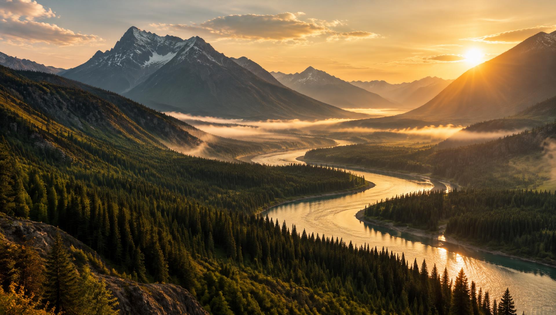 A winding river through a mountain valley at golden sunrise